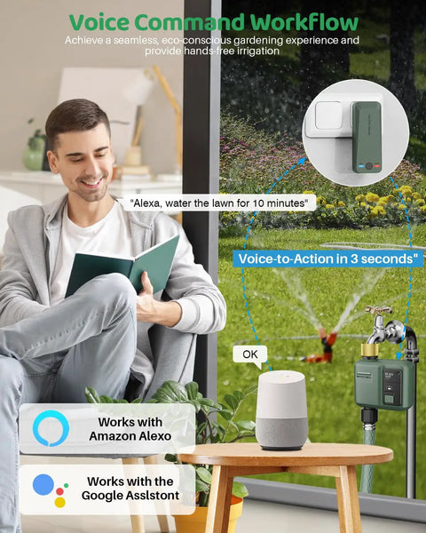 Person using Alexa to control WiFi Water Timer For Garden Hose With Smart Sprinkler Controller, 984 Ft RF Range, App And Voice Control.