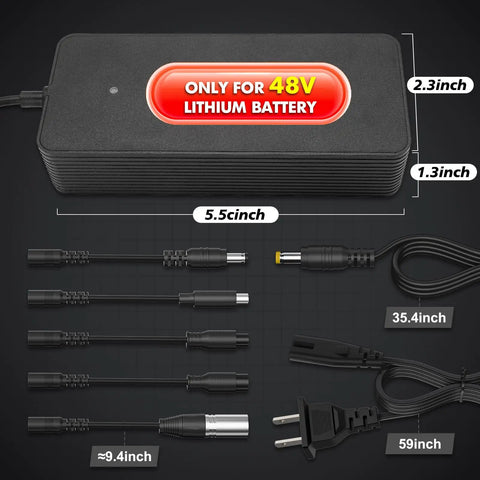UL Certified 54.6V 2.5A Ebike Charger For 48V Lithium Battery With 110-240V Input And Six In One Universal Connectors DC 2.1mm DC 2.5mm RCA 8mm 3-P 8mm 3-P 12mm XLR