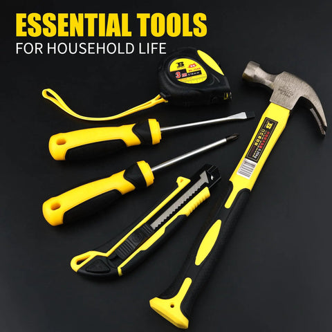 Hammer, screwdrivers, utility knife, and tape measure from 142 Piece Home Tool Kit With 13 Inch Wide Mouth Open Storage Tool Bag