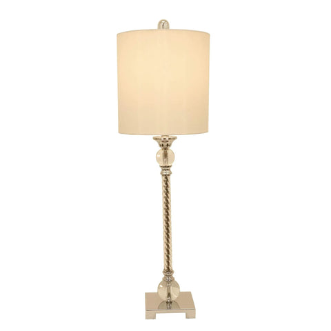 Camilla Steel And Acrylic Twist Buffet Lamp In Chrome And Clear Finish With Silver Faux Silk Shade front view.