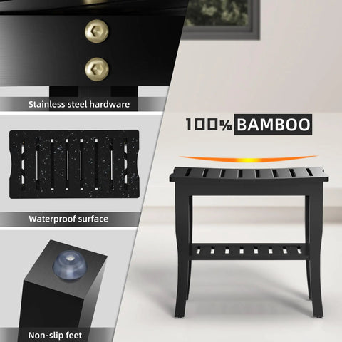 Waterproof Bamboo Shower Bench And Stool With Storage Shelf For Inside Shower Black Your Bathroom Sidekick Sturdy Anti Slip Seat Supports Up To 300 Lbs And Cleans Easy For Wet Zones with stainless steel hardware and non-slip feet.
