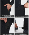 Close-up of Mens Snow Ski Pants Waterproof Insulated Fleece Lined Softshell, showing pockets, waistband, thigh zipper, and drawcord.