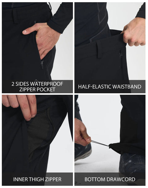 Close-up of Mens Snow Ski Pants Waterproof Insulated Fleece Lined Softshell, showing pockets, waistband, thigh zipper, and drawcord.