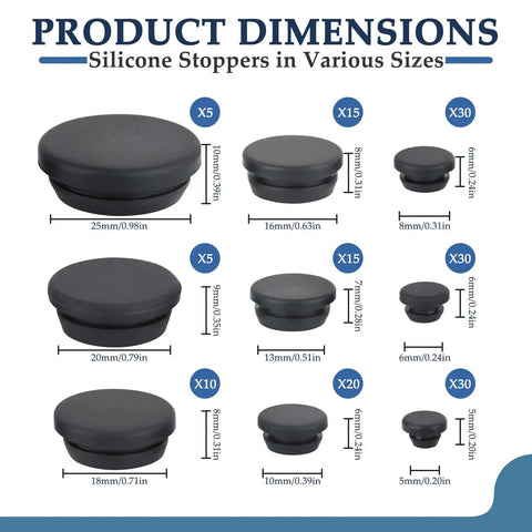 Dope 160 Piece Black Silicone Hole Plugs Set In Nine Sizes With T Shape Locking dimensions chart
