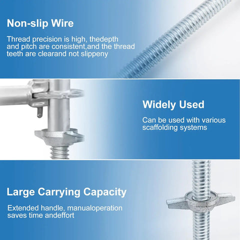 24 Inch Adjustable Scaffold Leveling Jacks For Baker Style Frames Galvanized Solid Threaded Rods showing details like non-slip wire and large carrying capacity.