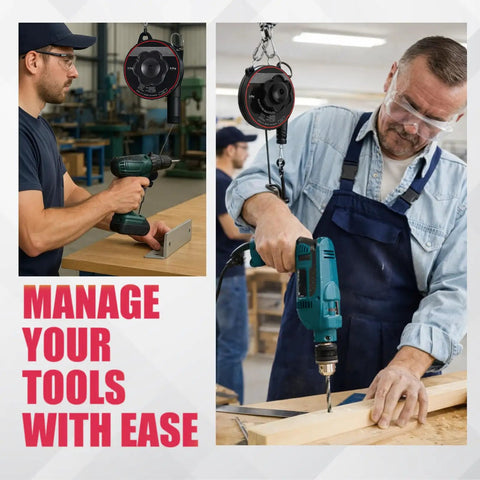 Heavy Duty Tool Balancer With 79 Inch Retractable Cable in use with electric screwdriver and drill, workshop setting