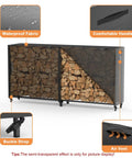 8Ft Firewood Rack With All Weather Cover For Indoor Outdoor Use, showing storage, cover details, and stable steel frame.