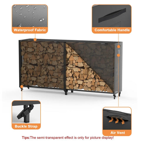 8Ft Firewood Rack With All Weather Cover For Indoor Outdoor Use, showing storage, cover details, and stable steel frame.