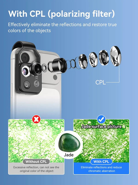 Pocket Phone Microscope 200X With LED Light And CPL Filter, camera attachment on smartphone showing jade surface clarity