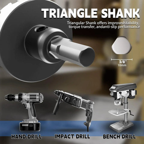 Triangle shank design of Carbide Hole Saw Set 5 Pc Kit With TCT Tips For Stainless Steel Iron Aluminum Plastic, compatible with drills.