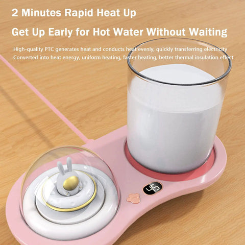 Intelligent Gravity Sensor Coffee Mug Warmer Electric Heated Coaster with glass cup on pink base, designed for rapid heat up.