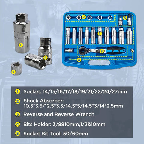 Heavy Duty 47 Piece Shock Absorber Socket Wrench Set With Pass Through Sockets shown with blue carrying case layout.