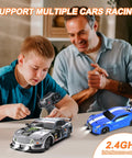 Father and son playing with one sixteenth scale RC drift car with 4WD power, beast speed at 18 plus kmh and LED lights