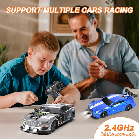 Father and son playing with one sixteenth scale RC drift car with 4WD power, beast speed at 18 plus kmh and LED lights