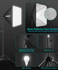 8.5 By 10 Foot Backdrop Support System With Pro Lighting Kit showing softbox, silver reflector, and 50W LED bulb details