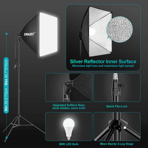 8.5 By 10 Foot Backdrop Support System With Pro Lighting Kit showing softbox, silver reflector, and 50W LED bulb details