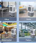 Portable Evaporative Swamp Cooler With Massive Water Tank And Four Ice Packs For Instant Frosty Relief in office, home, supermarket, factory settings.