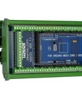 DIN Rail Mount Pinout Breakout Terminal Block Module For Arduino Mega 2560 R3 And Due, installed view, blue PCB, green casing