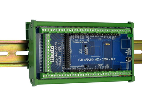 DIN Rail Mount Pinout Breakout Terminal Block Module For Arduino Mega 2560 R3 And Due, installed view, blue PCB, green casing