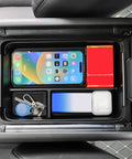 Armrest Box Storage Tray With PVC Mats For Hyundai Santa Fe 2024 2025 2026 Center Console Organizer showing phone, keys, and items.