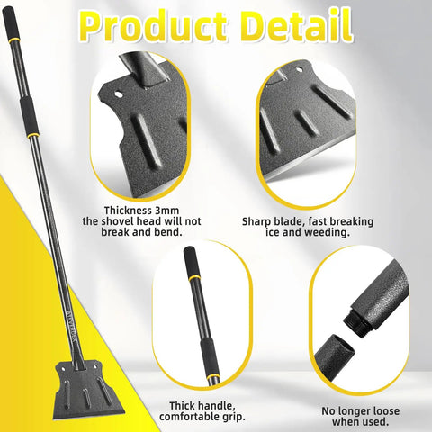 Heavy Duty Workhorse Garden Flat Shovel With 59 Inch Steel Handle And A 9.5 Inch Wide Blade, showing close-up details and grip.