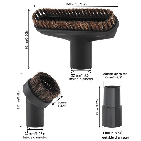 36mm Long Horse Hair Vacuum Brush With Universal Connector For 32mm And 1-1/4 Hose Easy Fit 1-1/4 To 1-3/8 Adapters