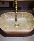 Slick Vintage Rectangular Vessel Sink For Above Counter Vanities, 16 Inch Porcelain Ceramic Wash Basin With Tough High Gloss Glaze, Hassle Free Cleanup Bathroom Art Basin Brings The Heat with golden drain.