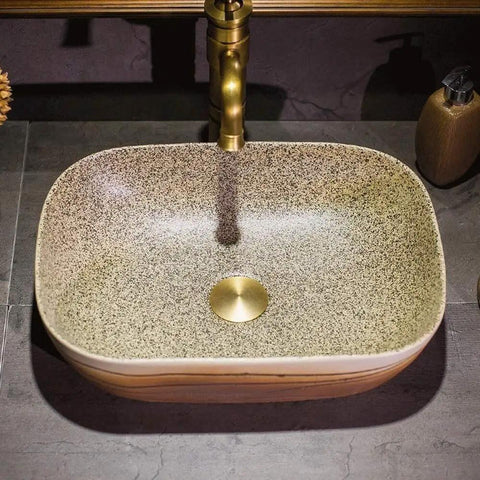Slick Vintage Rectangular Vessel Sink For Above Counter Vanities, 16 Inch Porcelain Ceramic Wash Basin With Tough High Gloss Glaze, Hassle Free Cleanup Bathroom Art Basin Brings The Heat with golden drain.