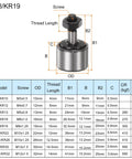 Diagram of Four Pack CF8 KR19 Cam Follower Needle Roller Bearing 19mm Roller Diameter with specifications table.