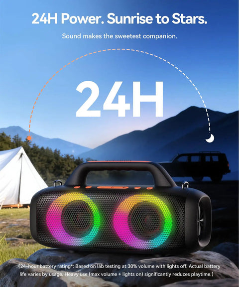 Roar 1 Portable Bluetooth Speaker With 60W Power And JIKE Bass Algorithm, RGB lights, IPX6 waterproof outdoors near a tent