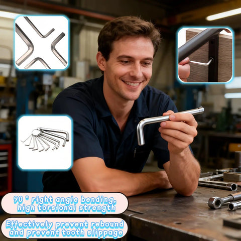 Man holding Professional 10 Piece Metric Hex Key Set In Cr-V Steel With Rust-Resistant Ring Holder