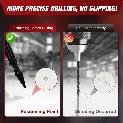 Image comparing precise drilling method with the Two Piece Spring Loaded Nail Setter And Hinge Pin Remover Punch Set.