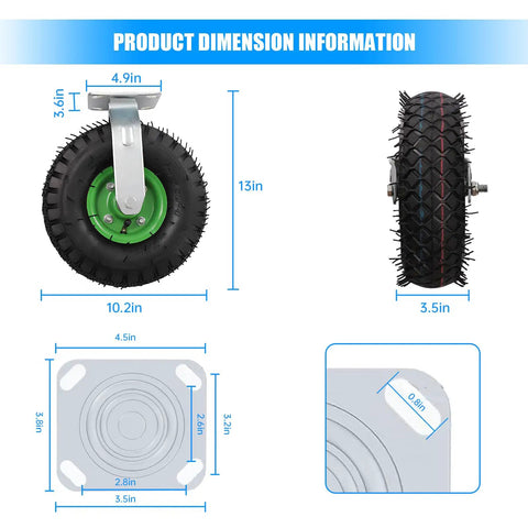 10 Inch Heavy Duty Pneumatic Caster Wheels Set Of Four Rolls Smooth As Butter 660 LBS Per Wheel dimensions with measurements displayed