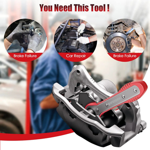 4 In 1 Universal Brake Caliper Tool With 360 Degree Swivel Ratcheting For Smooth One Hand Caliper Retraction, shown in workshop