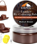 Medium Brown Leather Repair Kit And Recoloring Balm That Blends On Quick to fix scratches on a brown handbag, chair, and cowboy hat.