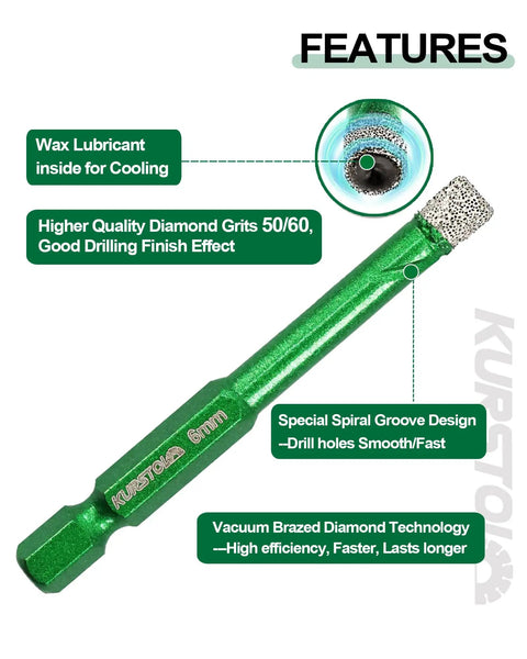 Top Tier Diamond Drill Bit Kit With Quick Fit Hex Shank And Ph2 Screwdriver Bits For Cruising Through Ceramic Tile Porcelain Granite And Marble Like A Boss In 12 Piece, close-up of 6mm diamond drill bit features.