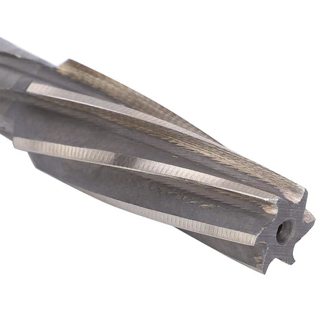 Close-up of 12 to 16mm hand reamer with spiral flute for mold and craft processing, high-speed steel, cone tip, 40mm length.