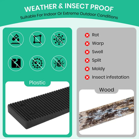 Comparison between durable plastic leveling wedge and deteriorating wood, highlighting weather and insect proof qualities.