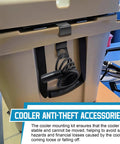 Heavy Duty Cooler Lock Bracket With Security Cable Lock And Tie Down Kit securing cooler with black titanium coating