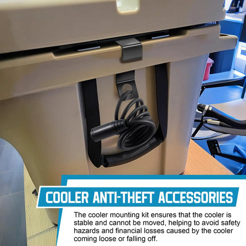 Heavy Duty Cooler Lock Bracket With Security Cable Lock And Tie Down Kit securing cooler with black titanium coating