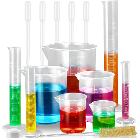 Plastic Graduated Cylinders And Beakers Kit With 5 Pipettes, 10, 25, 50, 100 ML Cylinders And 50, 100, 250, 500, 1000 ML Beakers, Food Grade Eco Friendly, Clear Measurement Lines For DIY Science Lab For Kids displayed with colored liquids