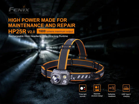 HP25R V2.0 Headlamp With 1600 Lumen Spotlight, 400 Lumen Floodlight displayed in dim industrial setting.