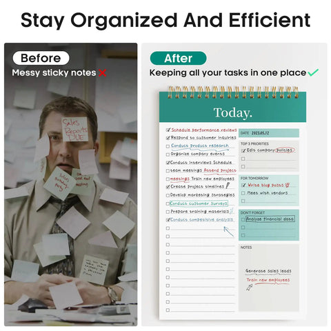 Before and after comparison showing messy workspace vs. organized To Do List Notepad For Work, School And Home, 52 Sheets Undated Daily Planner, 9.8 X 6.5 Inch, Boss Your Daily Tasks, Task Tracker For Goals, Office Productivity Journal, Great For Home Office Use, Greenery Sway Design.