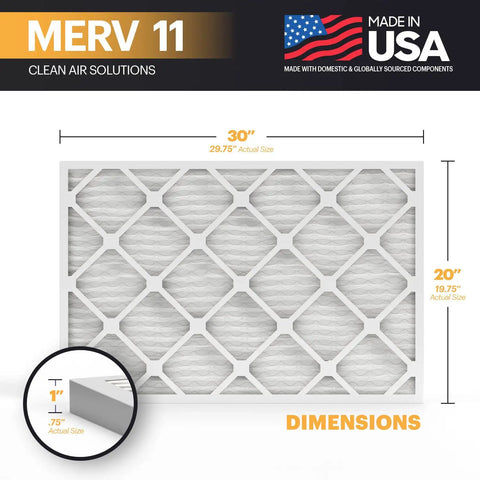 TruFilter 20x30x1 Air Filter MERV 11 4 Pack Made In USA Electrostatic Pleated HVAC filter dimensions illustration.