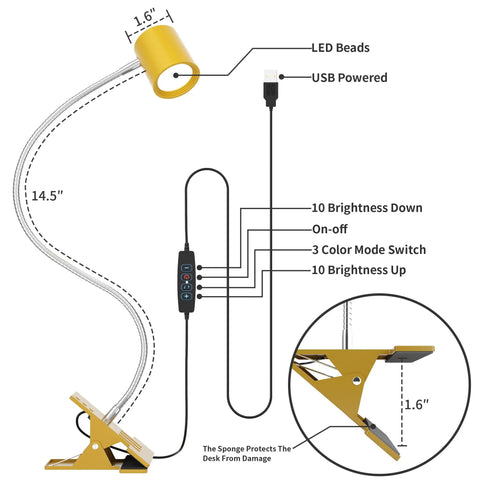 Diagram of USB Clip Desk Lamp With 360 Gooseneck Reading Light For Home Office, showing dimensions and control features.