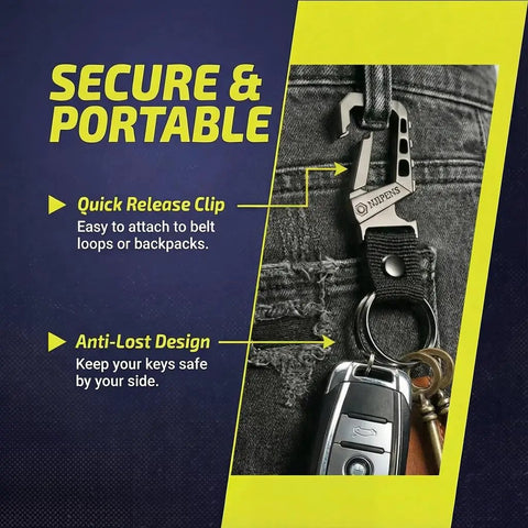 Dope Built Tough Heavy Duty Keychain Bottle Opener With Carabiner Clip And Key Ring on denim, featuring secure attachment