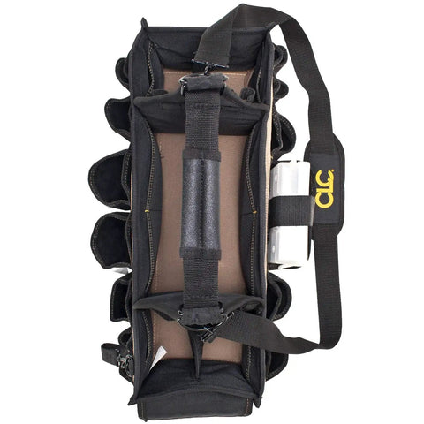 Top view of Electrical And Maintenance Tool Carrier With 43 Pockets, two window pockets visible, durable black gear tote.