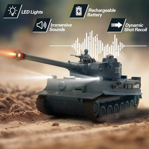 Dual RC Battle Tank Set With Infrared Shooting, Realistic Lights And Sounds, 1 28 Scale German Tiger Tank on dirt path