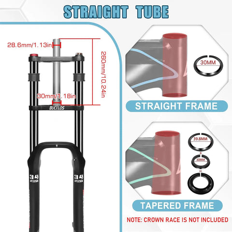 26 Inch Fat Tire Front Suspension Fork with Straight Frame Compatibility, shown with measurement details and tapered frame option.
