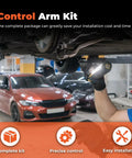 Labwork 10pc front suspension kit installation under Hyundai Santa Fe (2007–2012); mechanic uses work light.